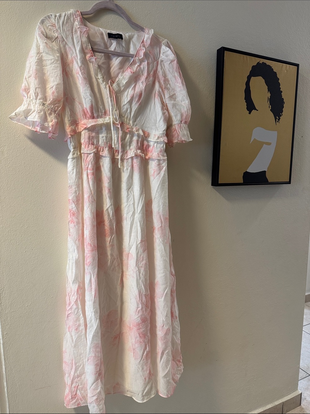 1. State White Midi Dress with Pink Floral Print and Ruffle Details